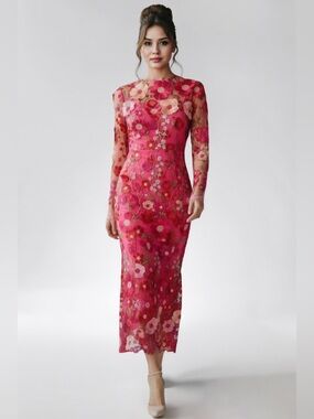Dalia MacPhee Floral Appliqué Mermaid Midi Dress NWT Fuschia Canadian 🇨🇦Designer